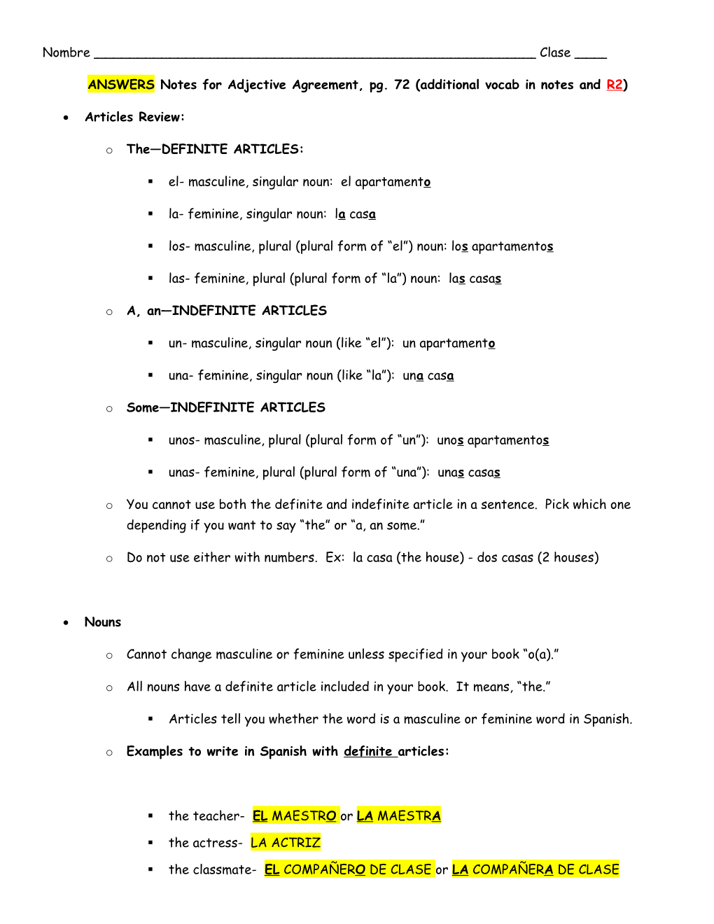 ANSWERS Notes for Adjective Agreement, Pg. 72 (Additional Vocab in Notes and R2)