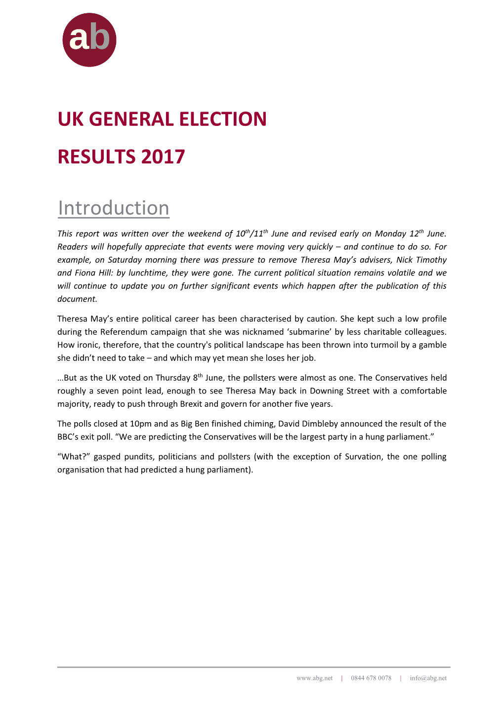 UK GENERAL ELECTION RESULTS 2017 Introduction