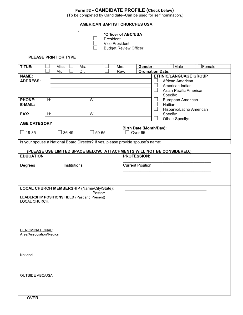 Form #1 - PROFILE to BE COMPLETED by CANDIDATE (Check Below*)
