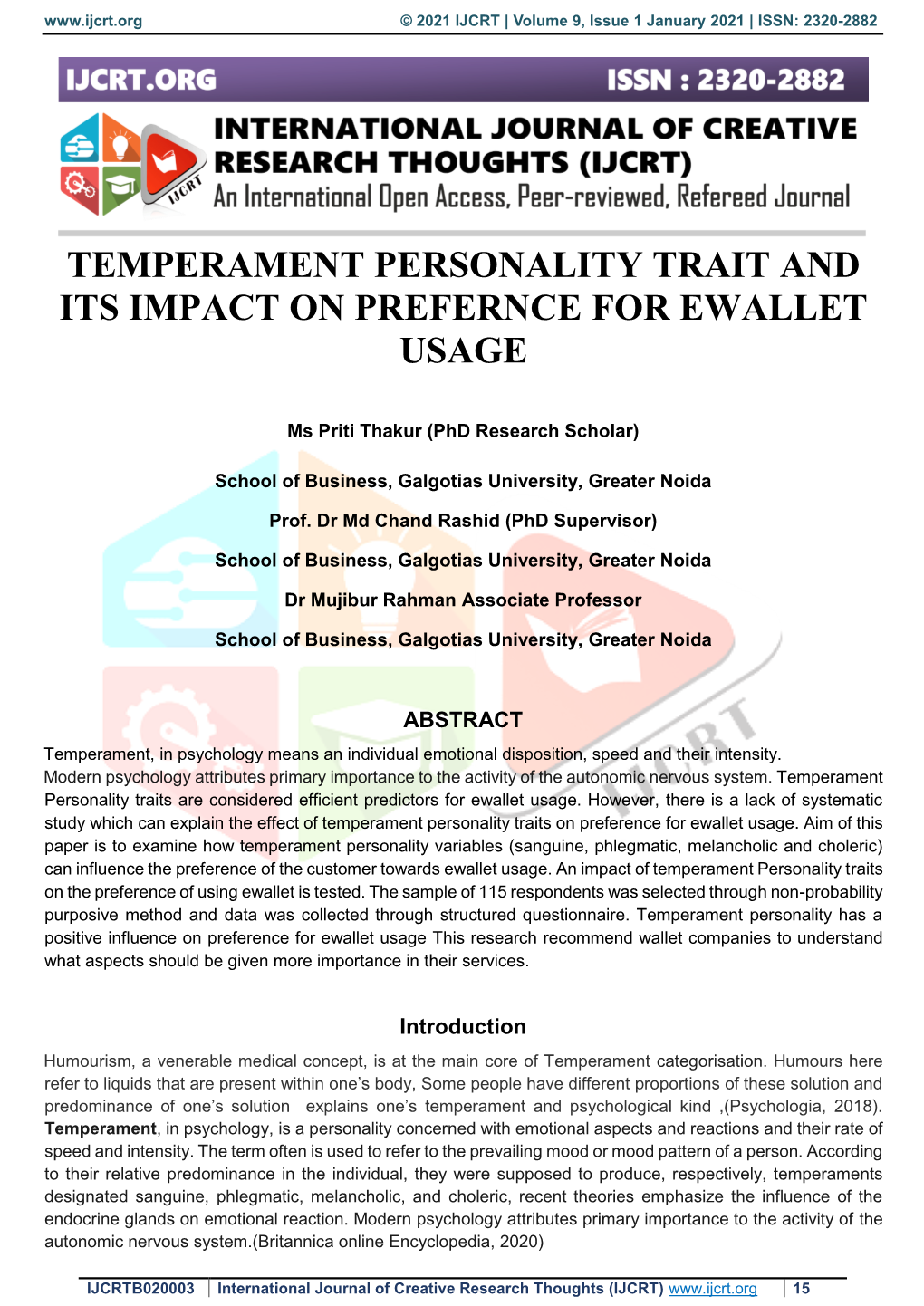 Temperament Personality Trait and Its Impact on Prefernce for Ewallet