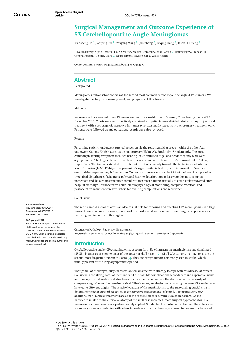 Surgical Management and Outcome Experience of 53 Cerebellopontine Angle Meningiomas