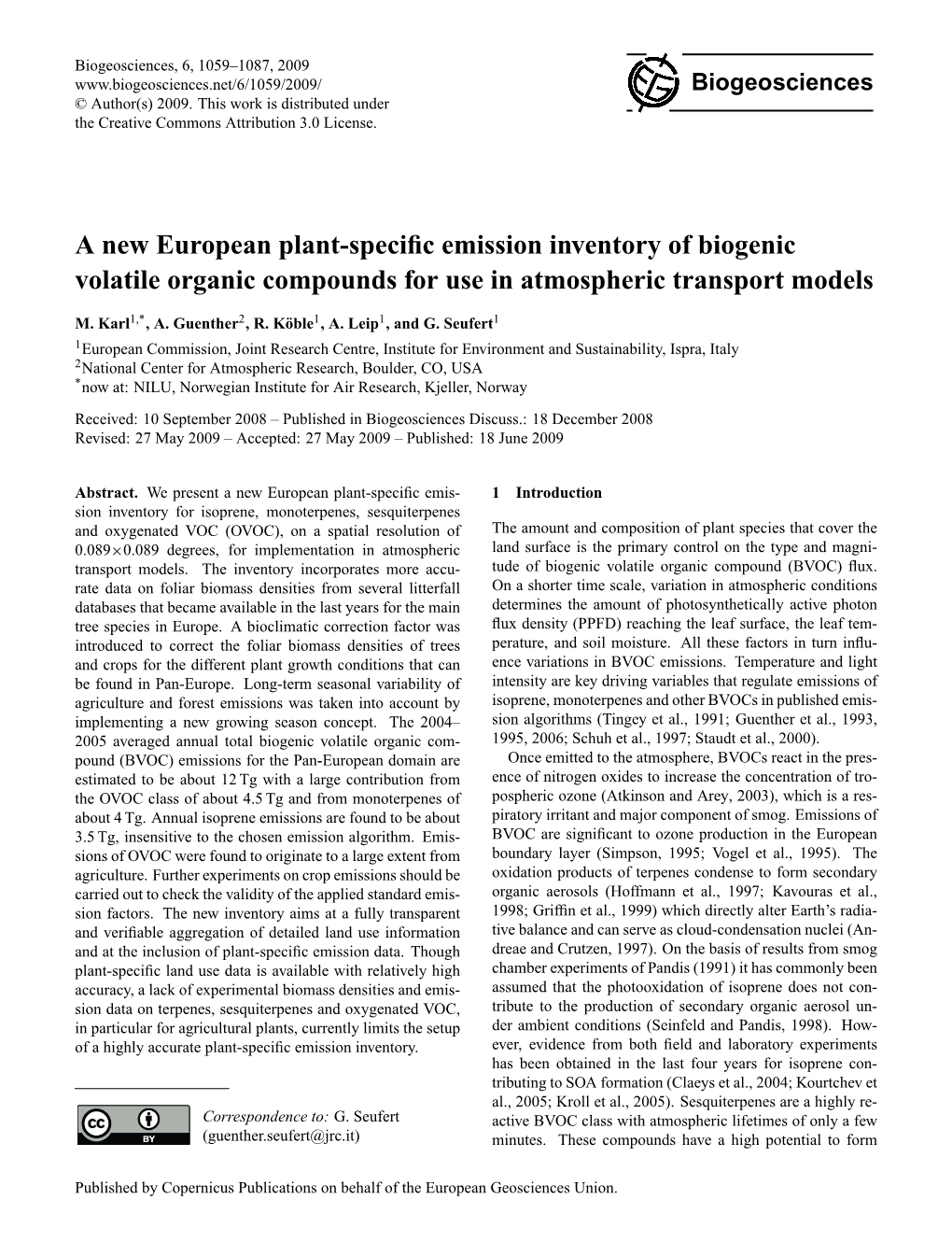 A New European Plant-Specific Emission Inventory of Biogenic