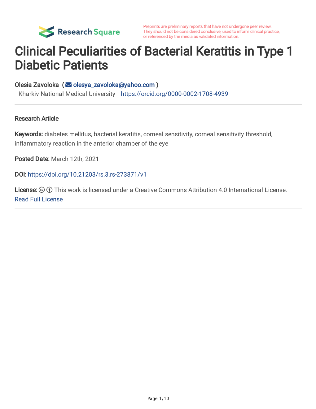 Clinical Peculiarities of Bacterial Keratitis in Type 1 Diabetic Patients