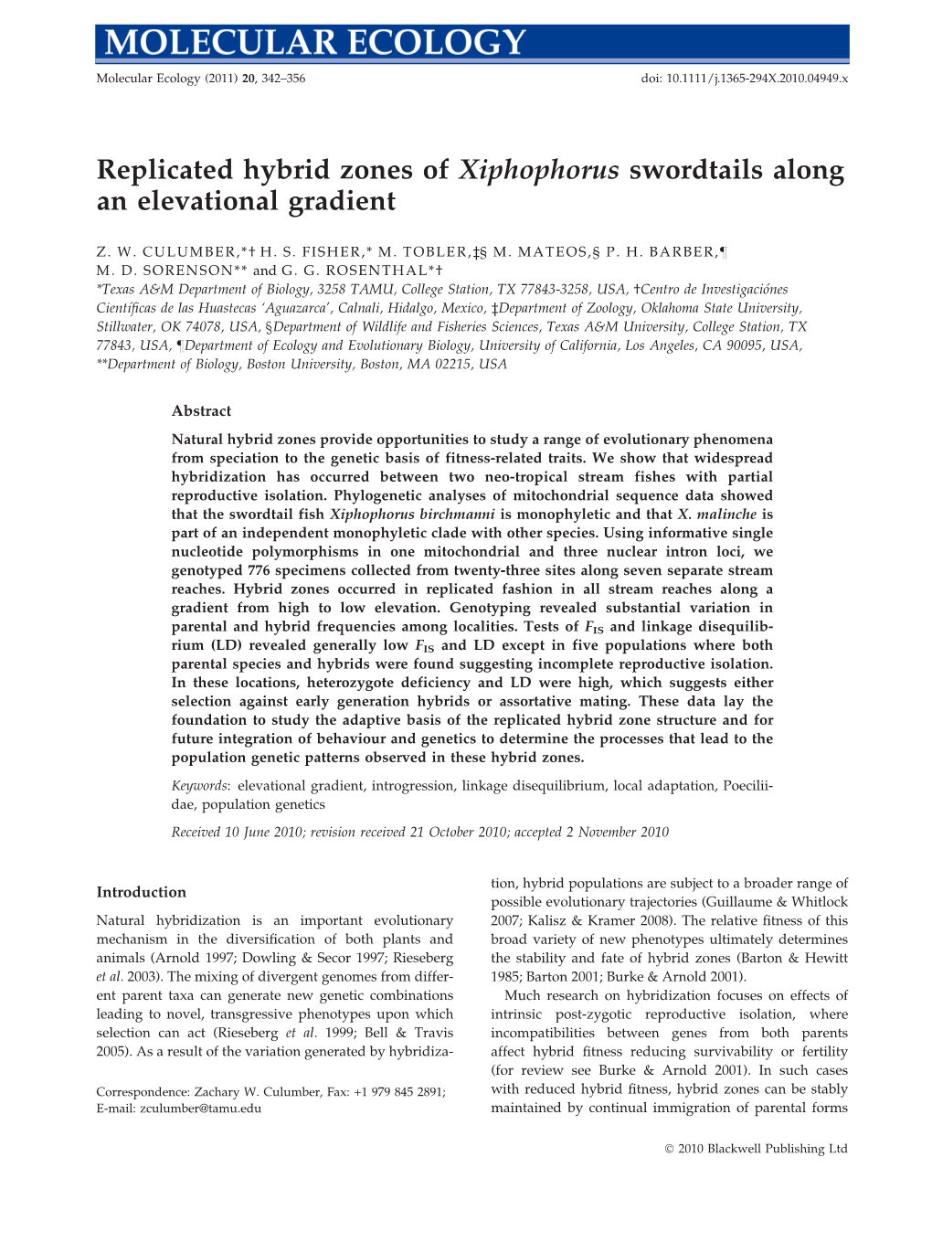 Replicated Hybrid Zones of Xiphophorus Swordtails Along an Elevational Gradient