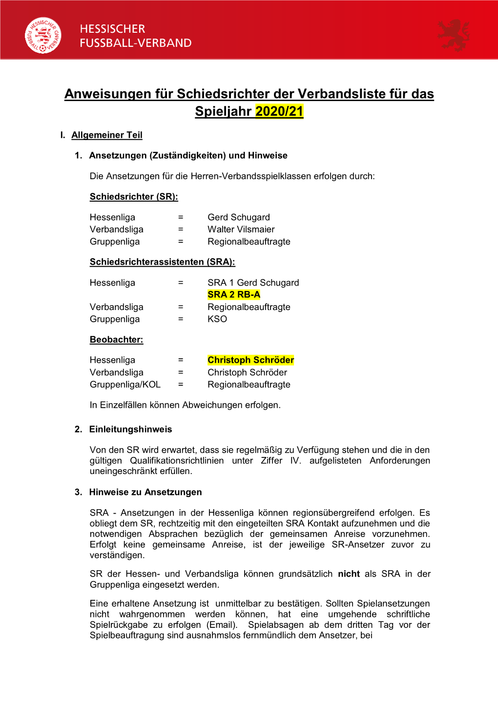 Anweisungen Für Schiedsrichter Der Verbandsliste Für Das Spieljahr 2020/21