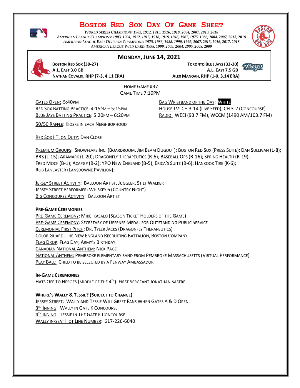 Boston Red Sox Day of Game Sheet Monday,June 14,2021