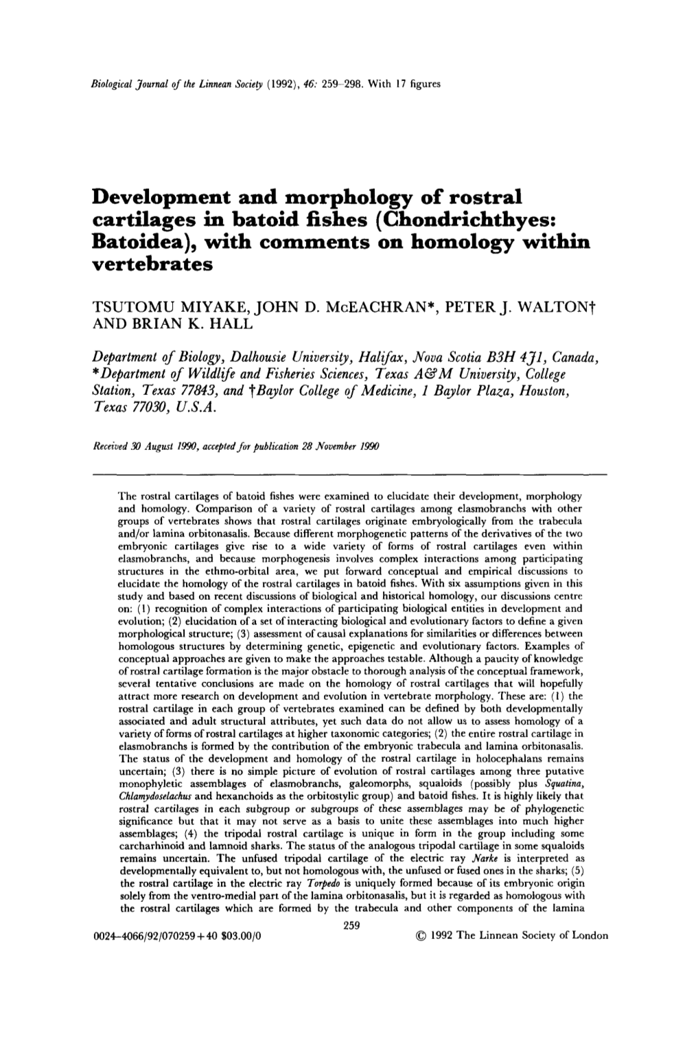 Development and Morphology of Rostral Cartilages in Batoid Fishes (Chondrichthyes: Batoidea), with Comments on Homology Within Vertebrates