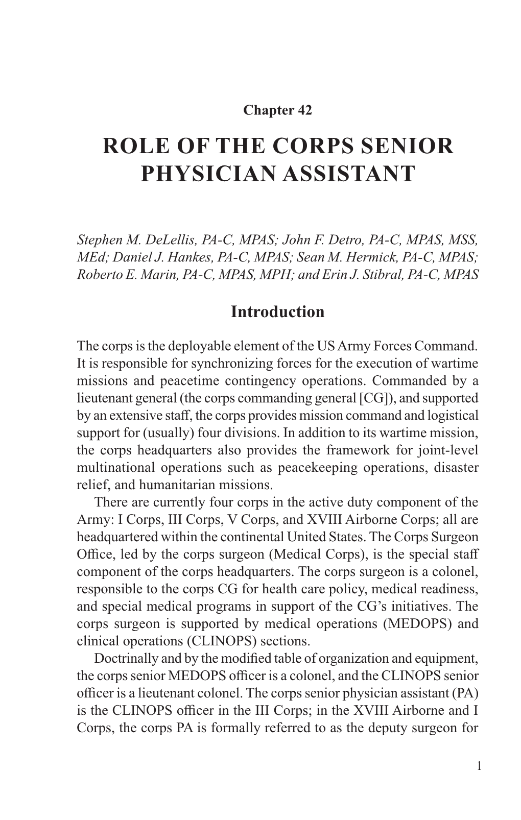 Role of the Corps Senior Physician Assistant