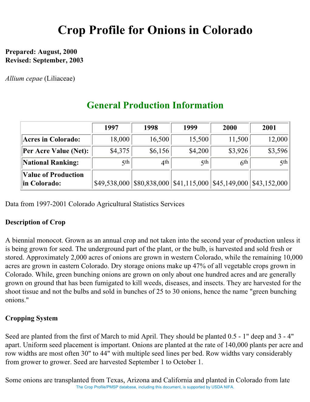 Crop Profile for Onions in Colorado