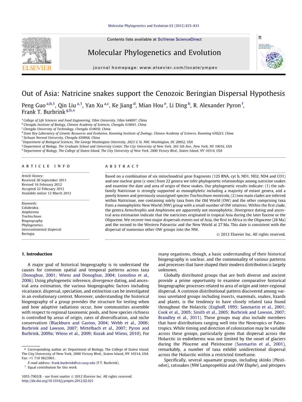 Out of Asia: Natricine Snakes Support the Cenozoic Beringian Dispersal Hypothesis