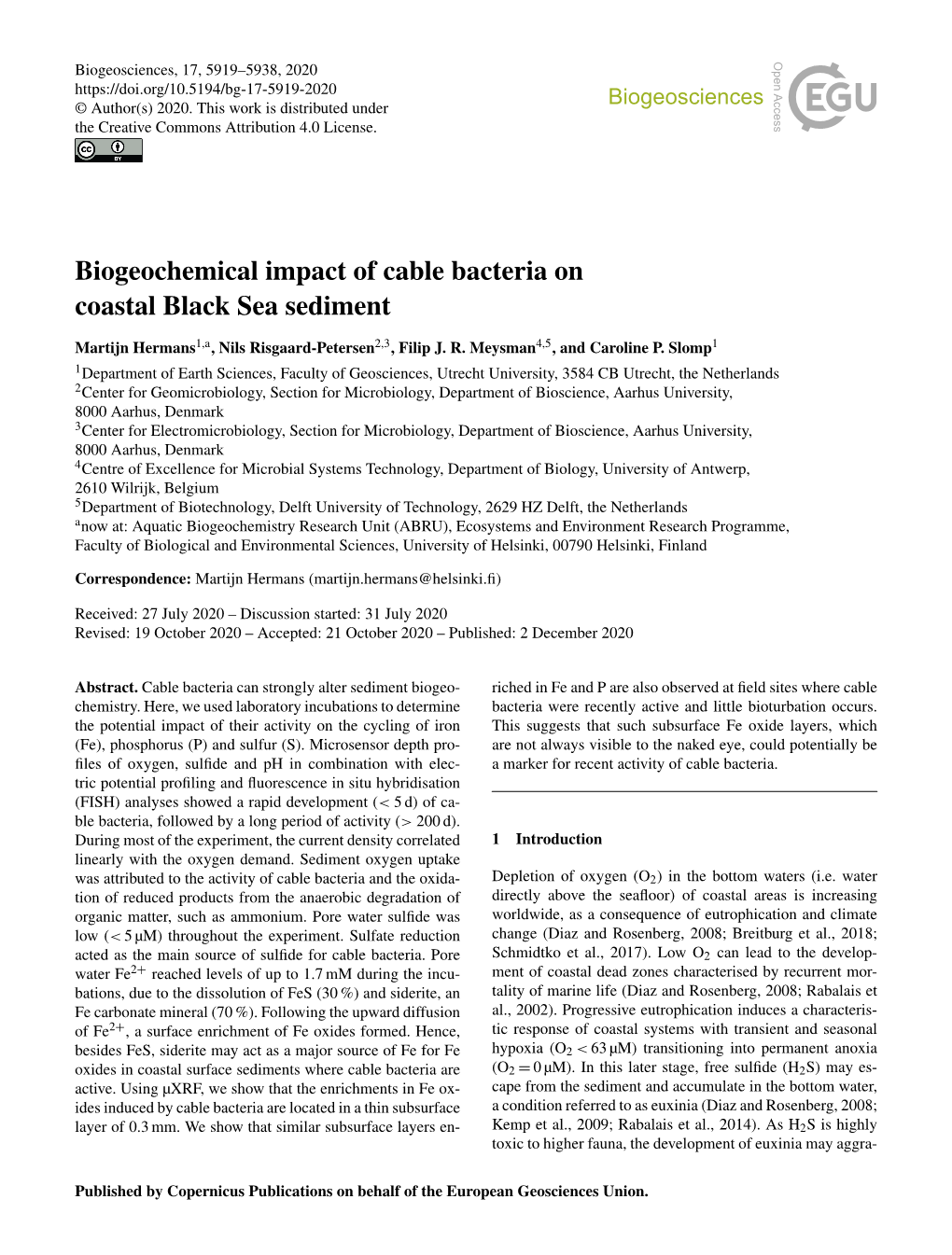 Biogeochemical Impact of Cable Bacteria on Coastal Black Sea Sediment