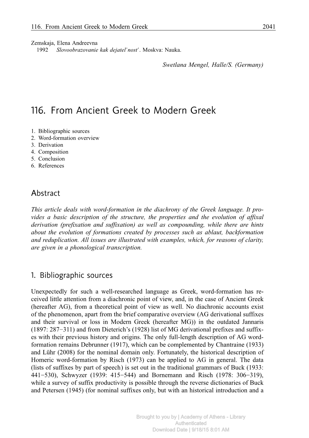 (Word Formation) from Ancient Greek to Modern Greek