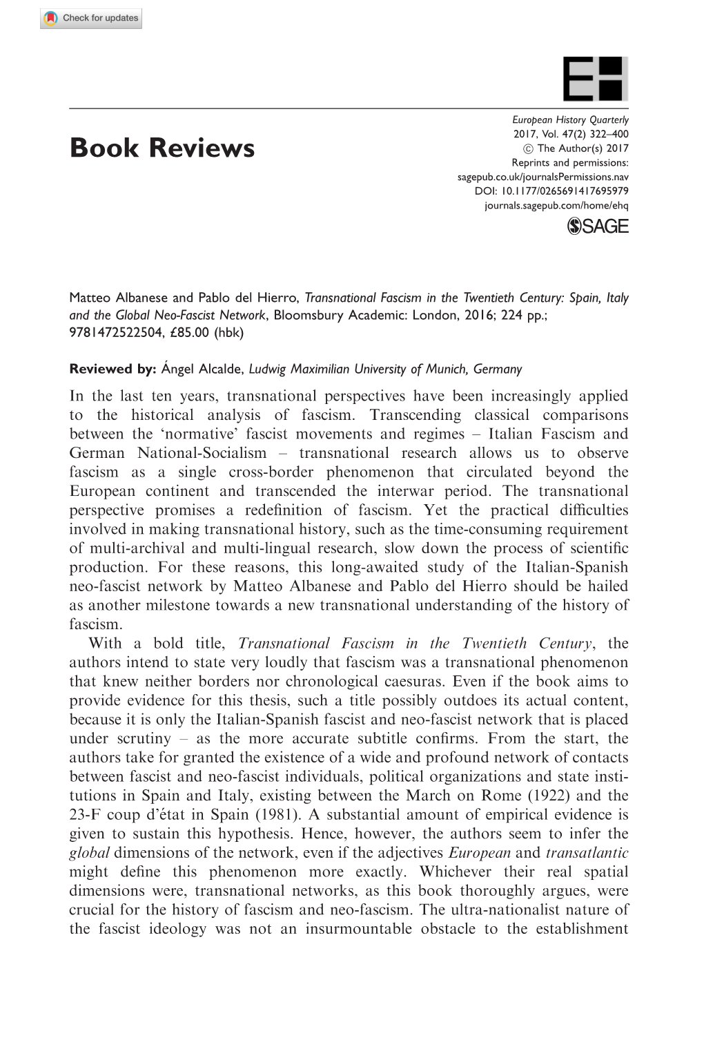 Matteo Albanese and Pablo Del Hierro, Transnational Fascism in The