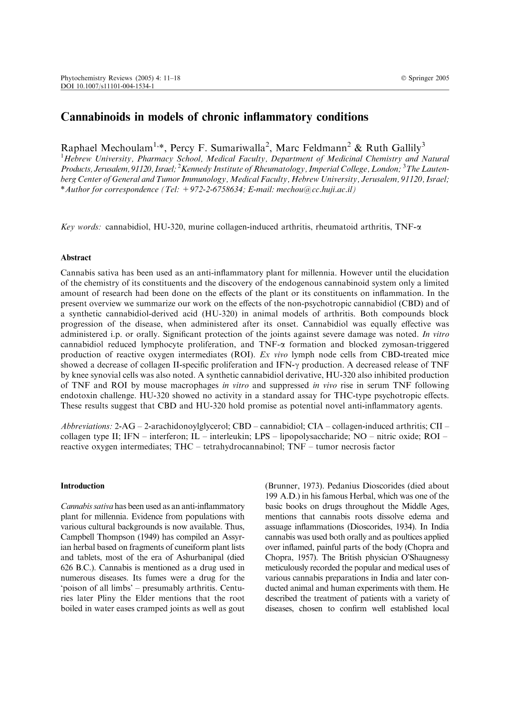 Cannabinoids in Models of Chronic Inflammatory Conditions