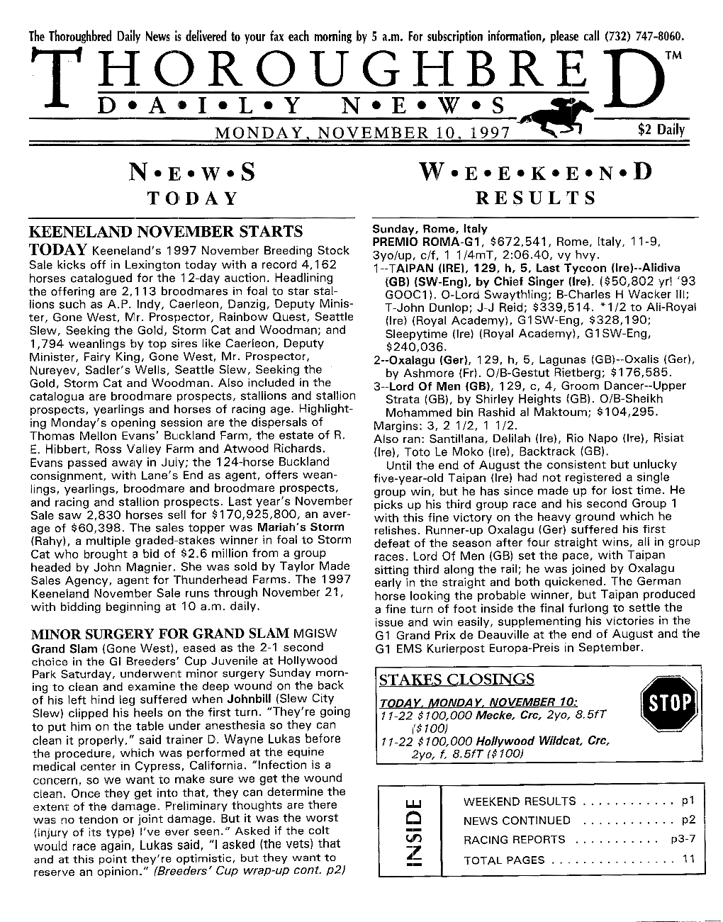 C) Ro U G Rr BR I~ D™ T D•A•I•L•Y N•E•W•S ....:L'fl'___ MONDAY, NOVEMBER 10, 1997 ,.~~ $2 Daily