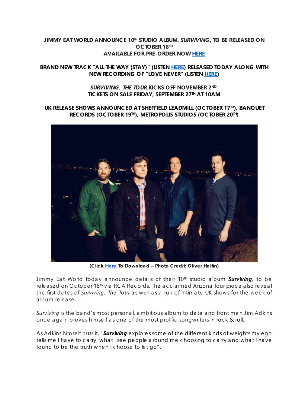 JIMMY EAT WORLD ANNOUNCE 10Th STUDIO ALBUM, SURVIVING, to BE RELEASED on OCTOBER 18TH AVAILABLE for PRE-ORDER NOW HERE
