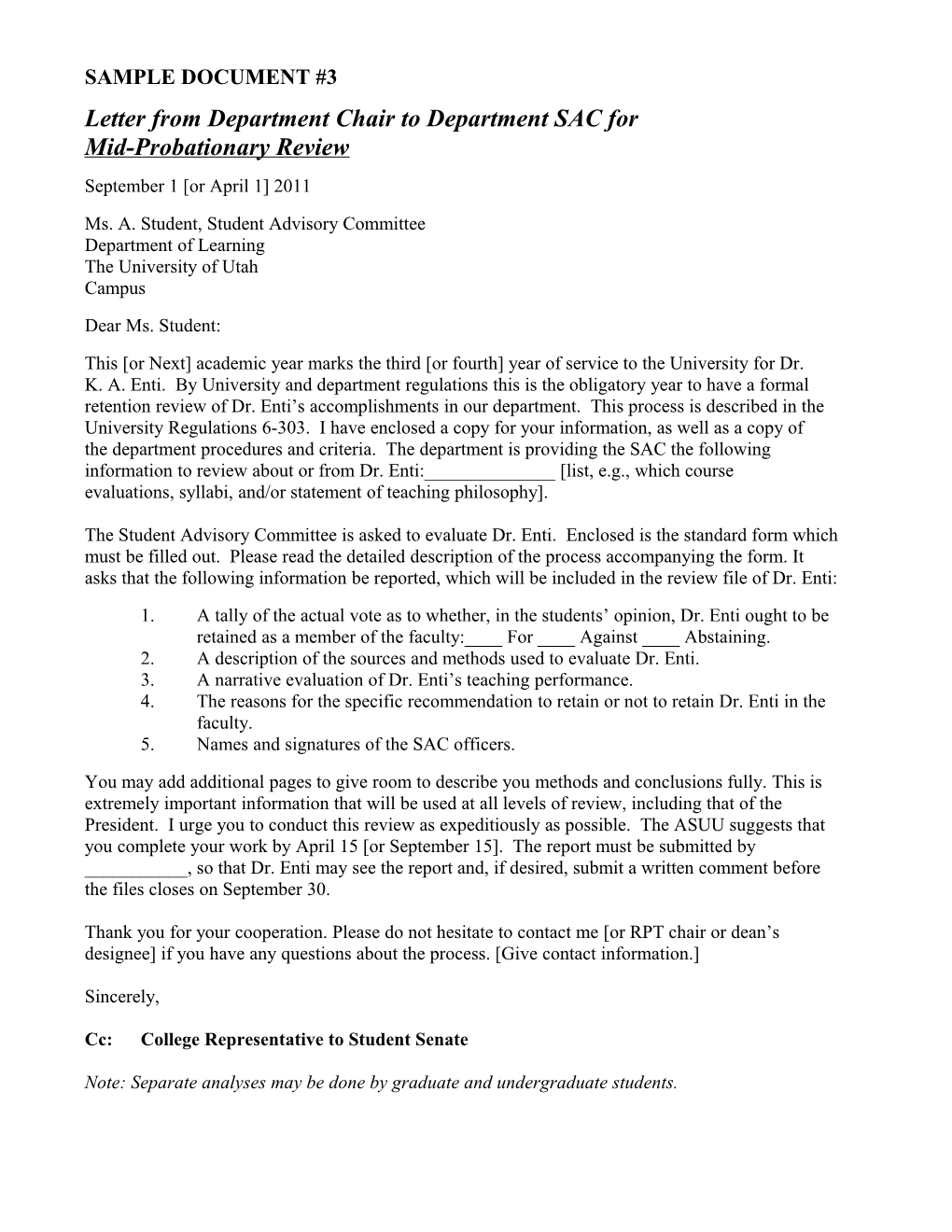 Letter from Department Chair to Department SAC For