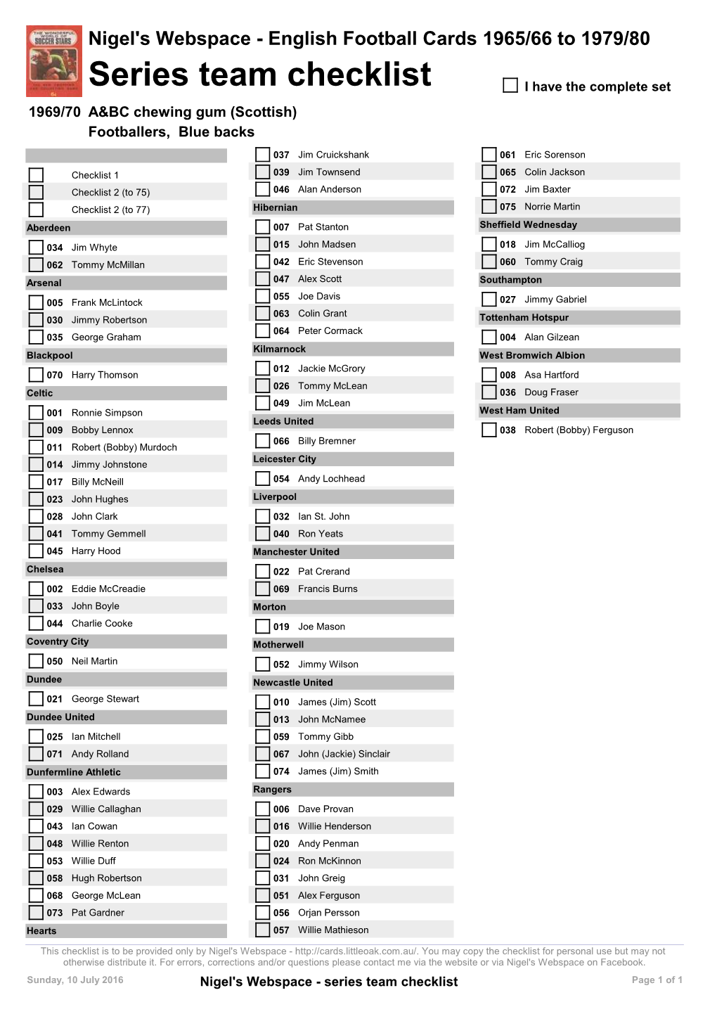 Series Team Checklist I Have the Complete Set 1969/70 A&BC Chewing Gum (Scottish) Footballers, Blue Backs