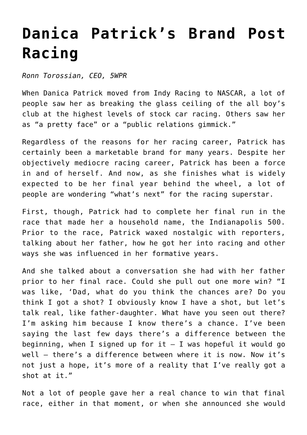 Danica Patrick's Brand Post Racing