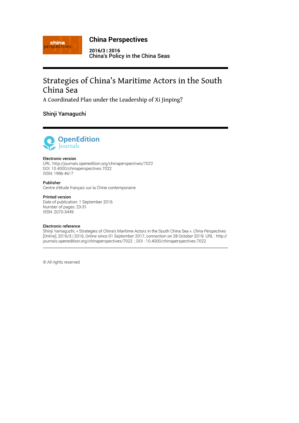 Strategies of China's Maritime Actors in the South China