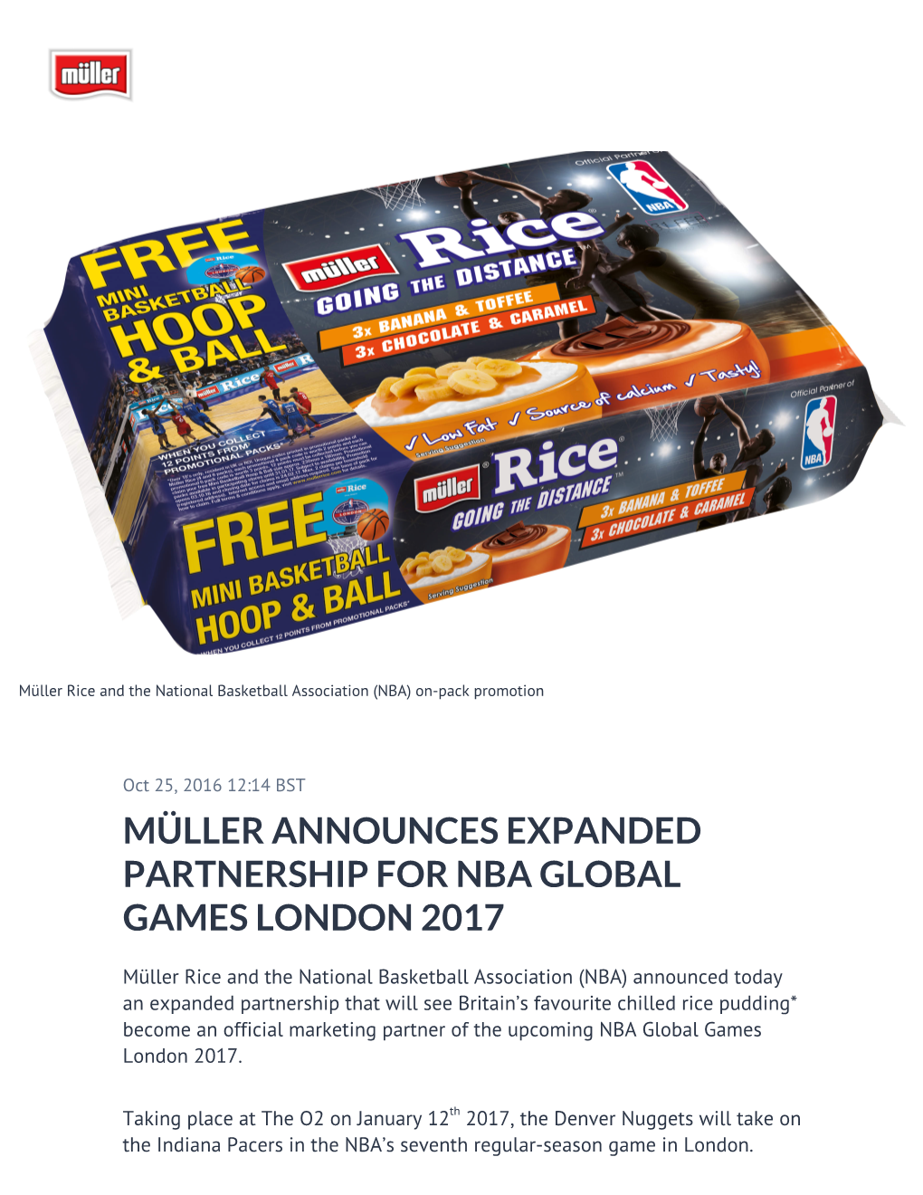 Müller Announces Expanded Partnership for Nba Global Games London 2017