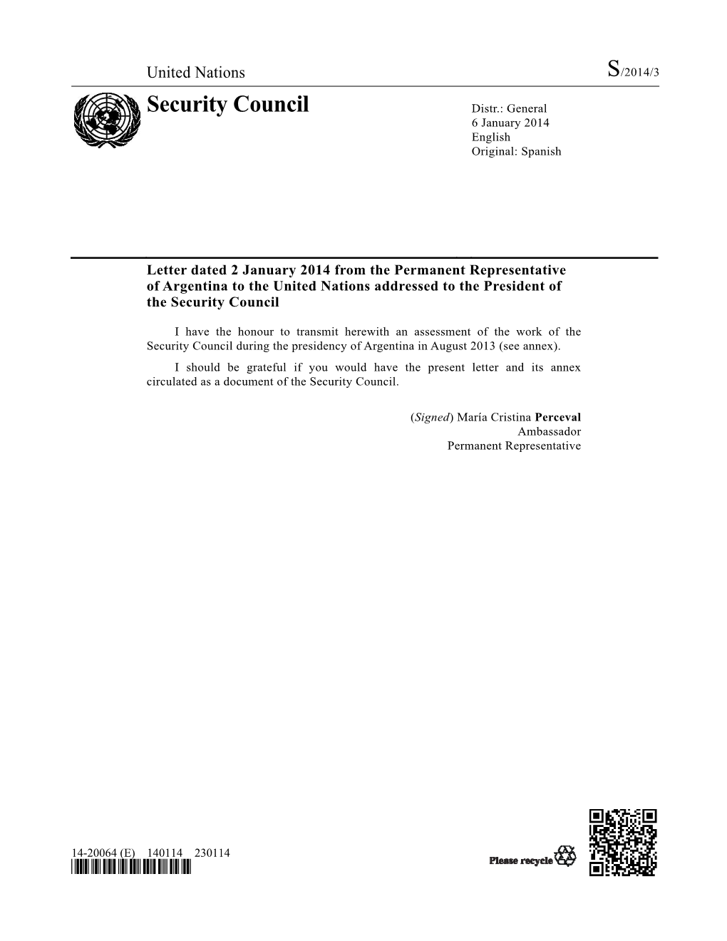 Security Council Distr.: General 6 January 2014 English Original: Spanish