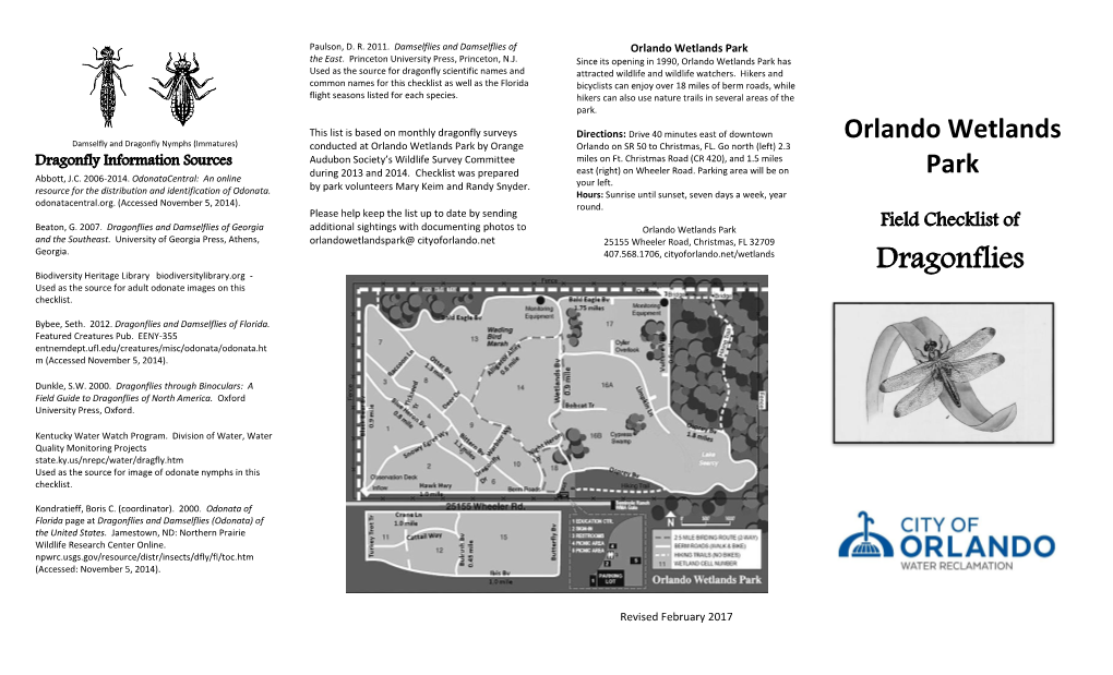 Dragonflies and Damselflies of Georgia Additional Sightings with Documenting Photos to Orlando Wetlands Park Field Checklist of and the Southeast