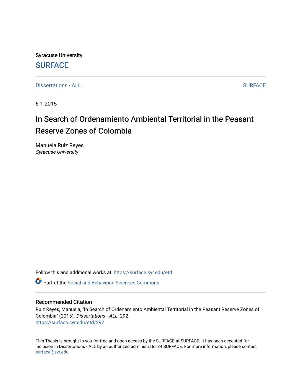 In Search of Ordenamiento Ambiental Territorial in the Peasant Reserve Zones of Colombia