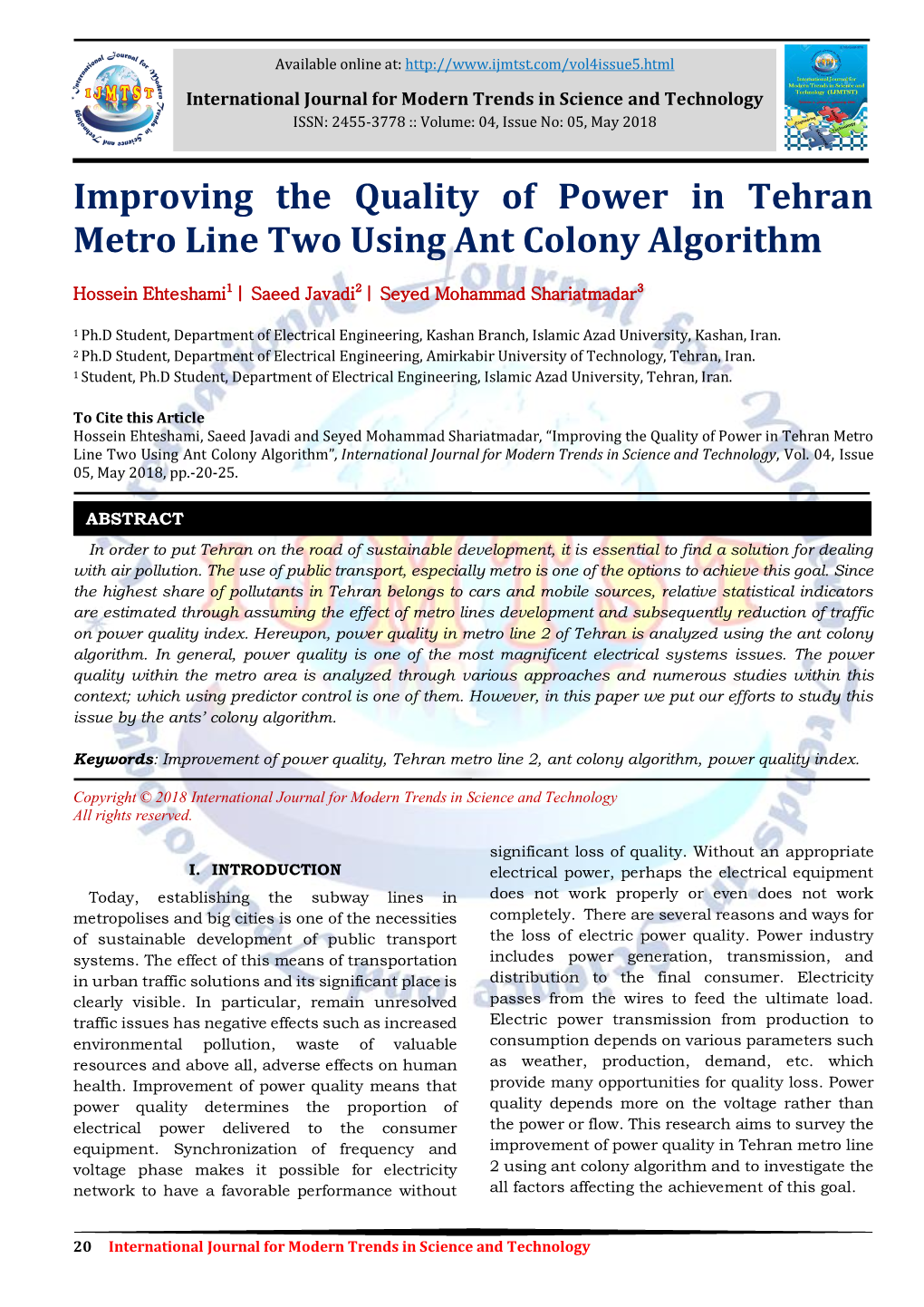 Improving the Quality of Power in Tehran Metro Line Two Using Ant Colony Algorithm