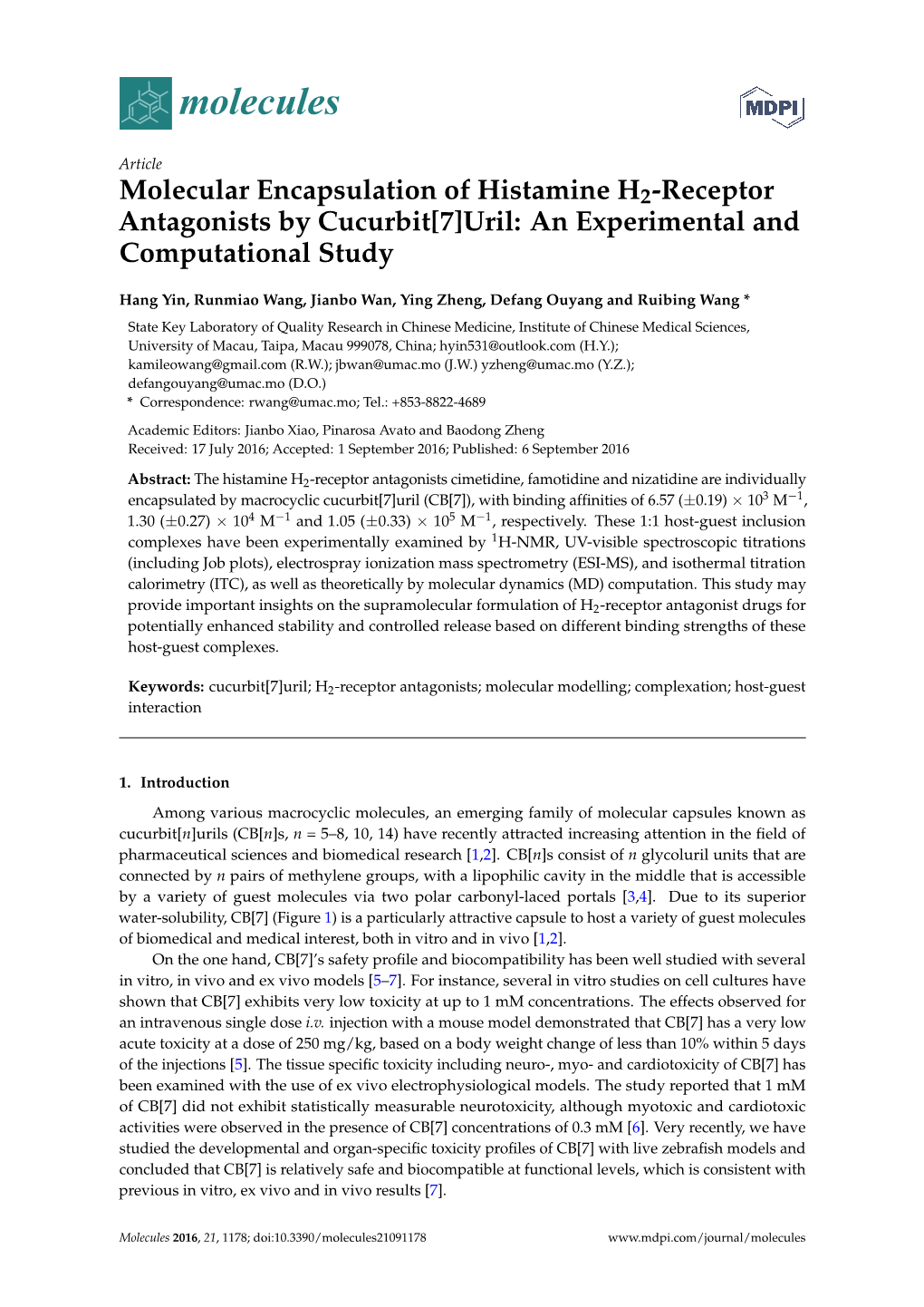 Molecular Encapsulation of Histamine H2-Receptor Antagonists by Cucurbit[7]Uril: an Experimental and Computational Study