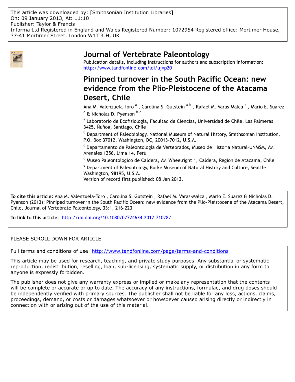 Pinniped Turnover in the South Pacific Ocean: New Evidence from the Plio-Pleistocene of the Atacama Desert, Chile Ana M