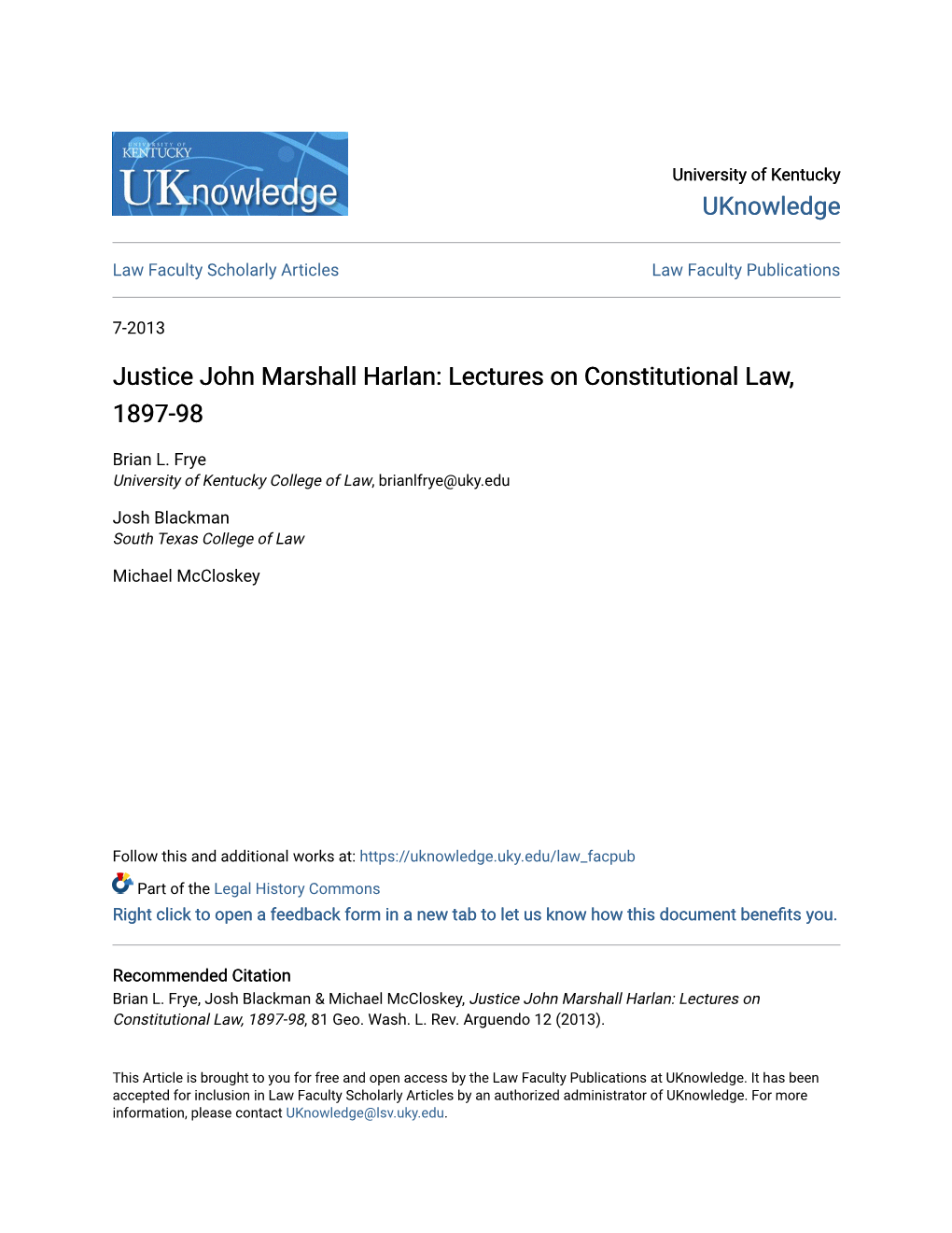 Justice John Marshall Harlan: Lectures on Constitutional Law, 1897-98