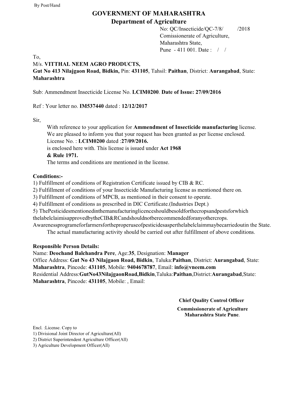 GOVERNMENT of MAHARASHTRA Department of Agriculture No: QC/Insecticide/QC-7/8/ /2018