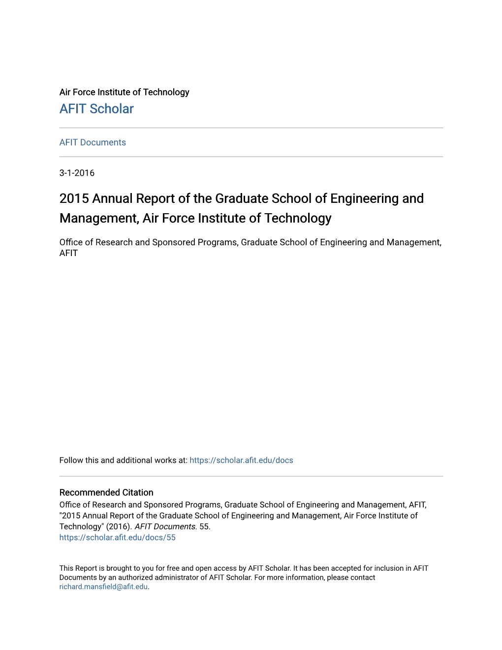 2015 Annual Report of the Graduate School of Engineering and Management, Air Force Institute of Technology