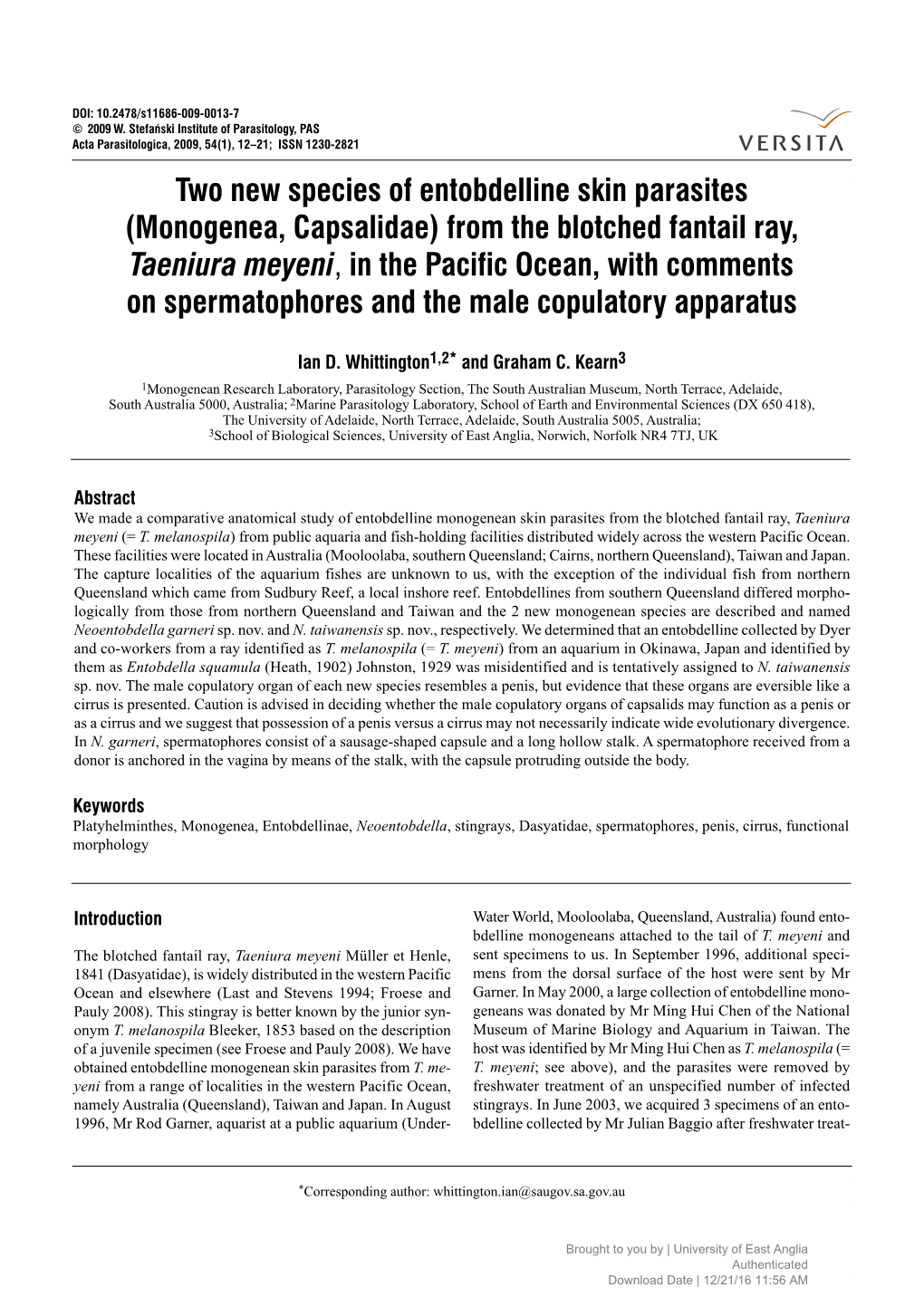 Two New Species of Entobdelline Skin Parasites (Monogenea, Capsalidae