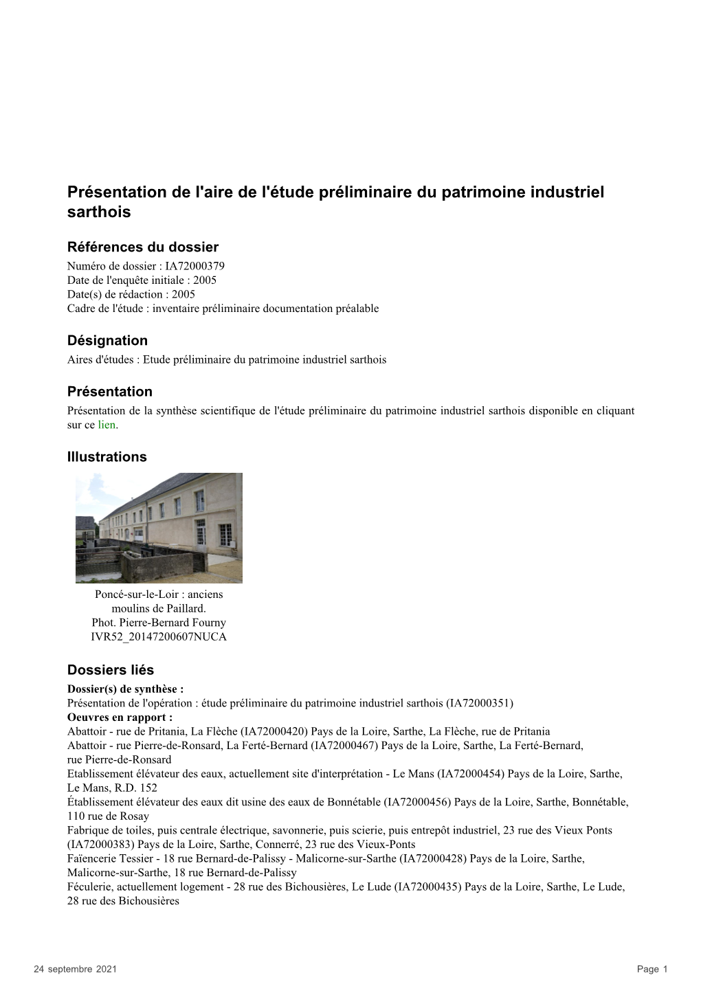 Présentation De L'aire De L'étude Préliminaire Du Patrimoine Industriel Sarthois