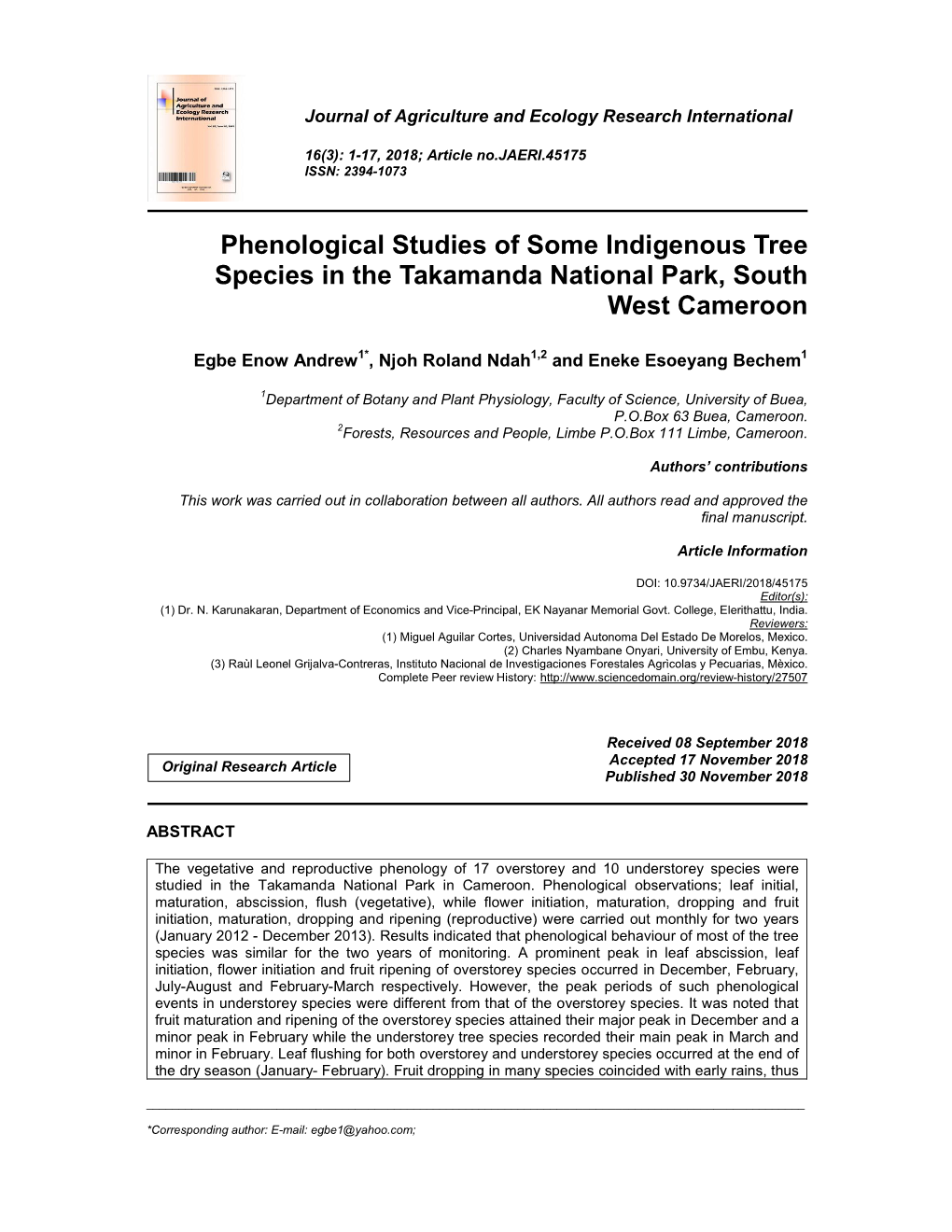 Phenological Studies of Some Indigenous Tree Species in the Takamanda National Park, South West Cameroon