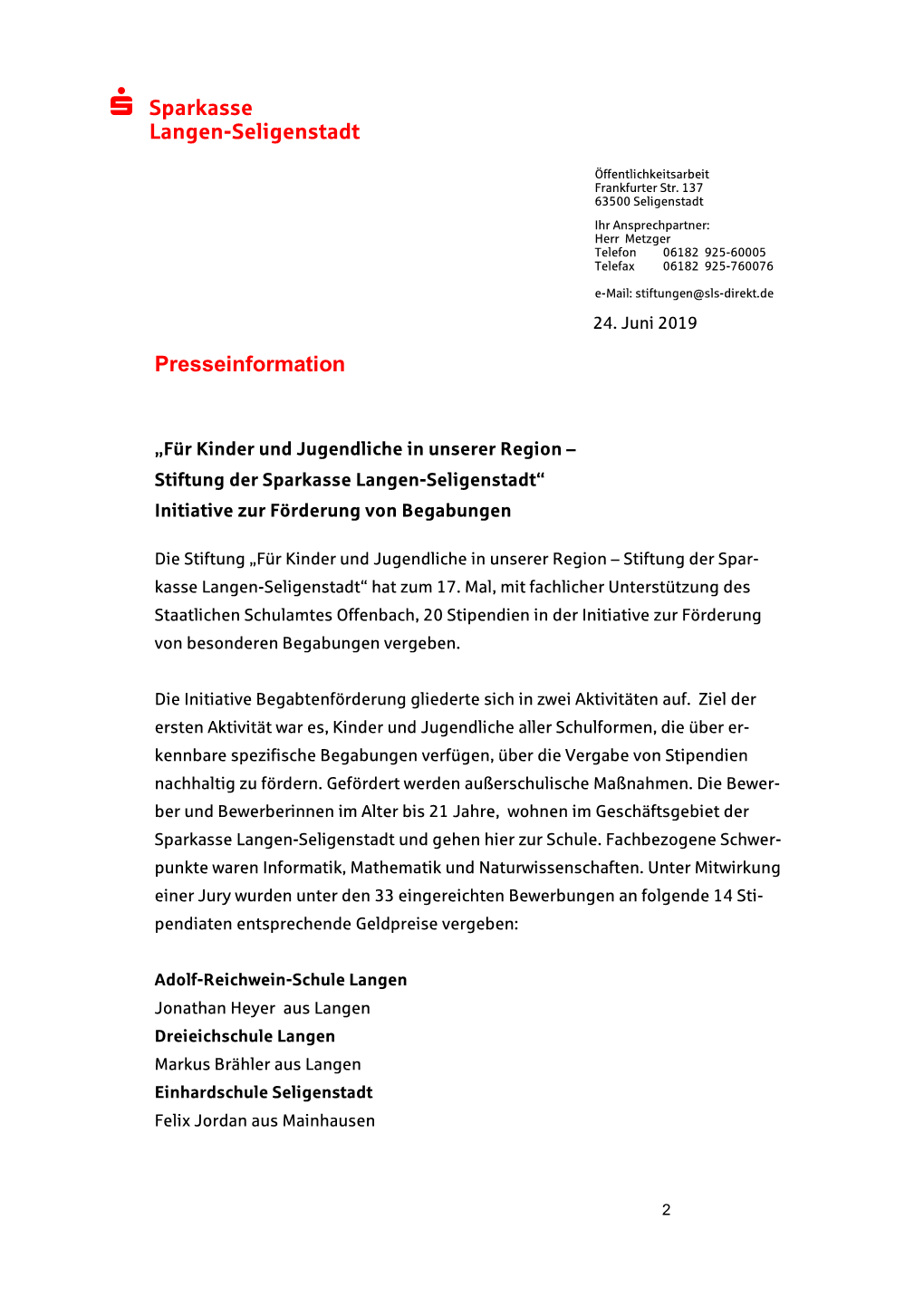 Sparkasse Langen-Seligenstadt Presseinformation