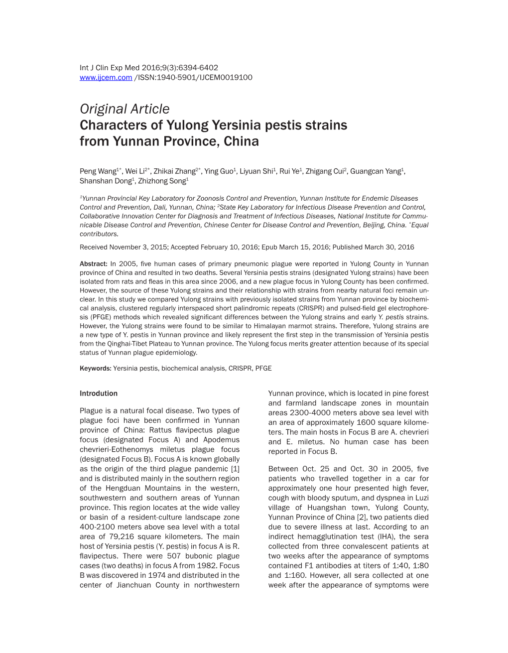 Original Article Characters of Yulong Yersinia Pestis Strains from Yunnan Province, China