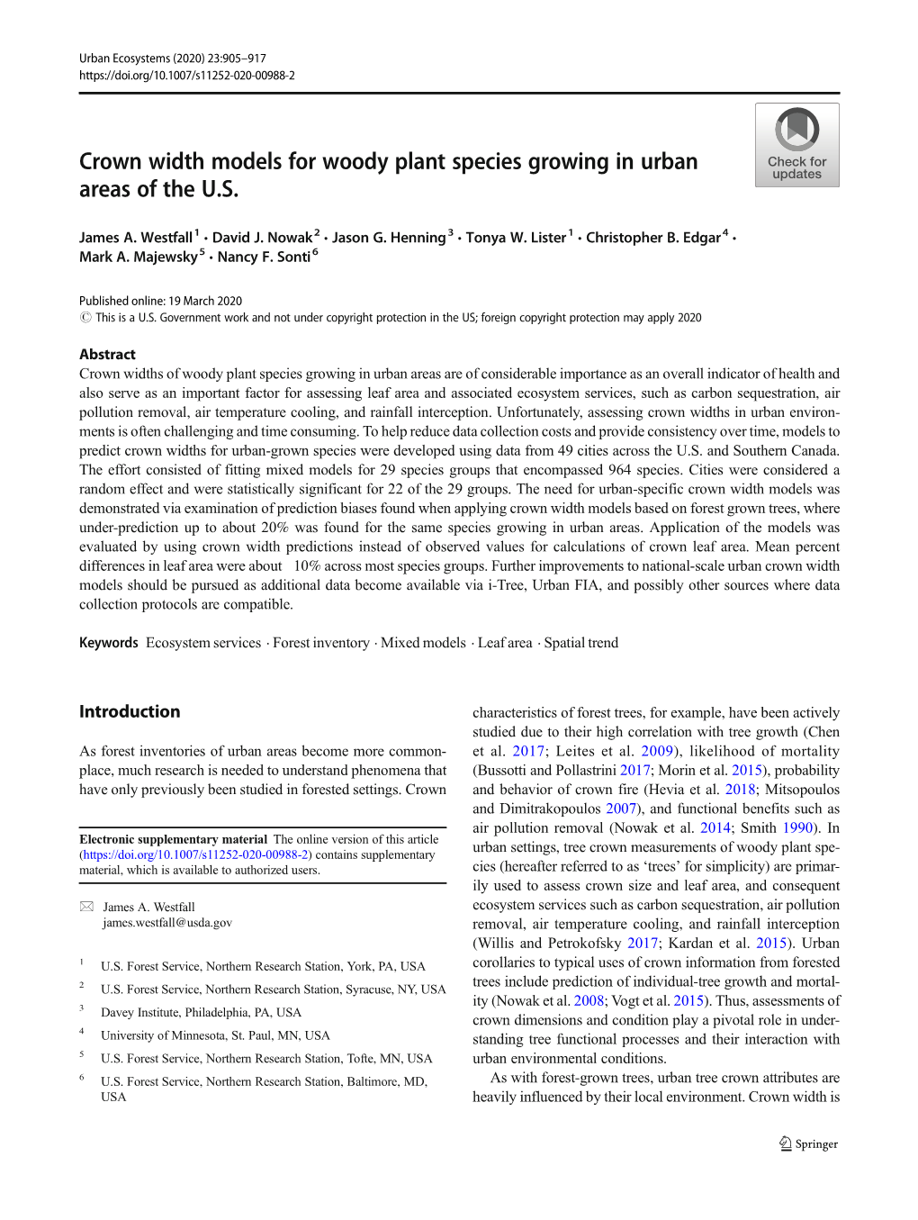 Crown Width Models for Woody Plant Species Growing in Urban Areas of the U.S