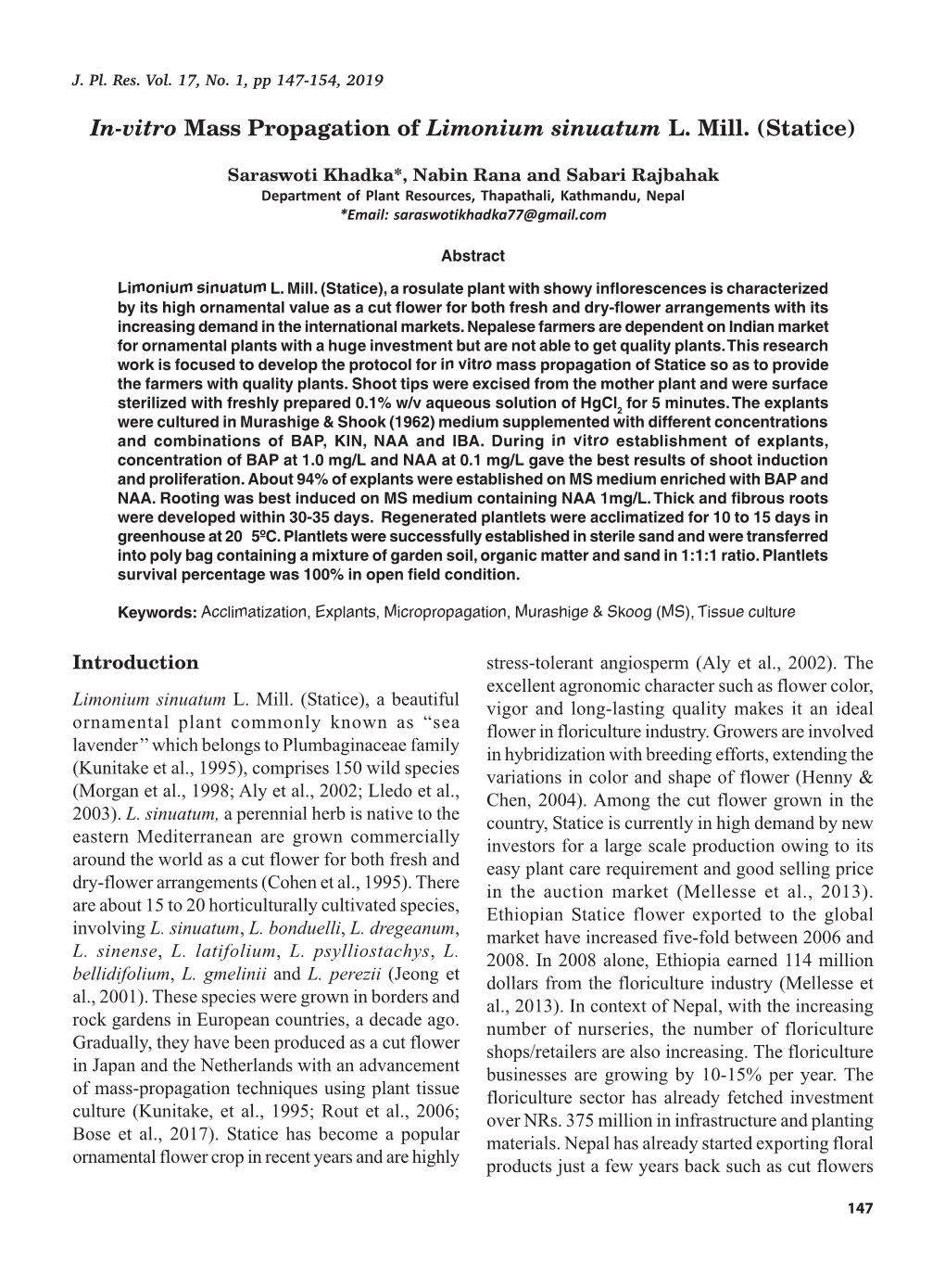 In-Vitro Mass Propagation of Limonium Sinuatum L. Mill. (Statice) (2004)