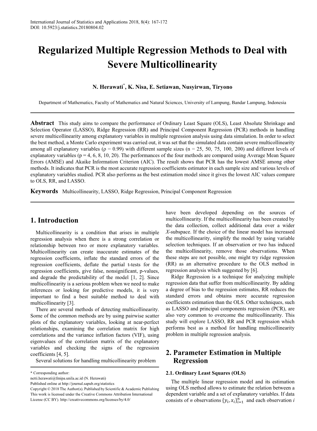 Multicollinearity, LASSO, Ridge Regression, Principal Component Regression