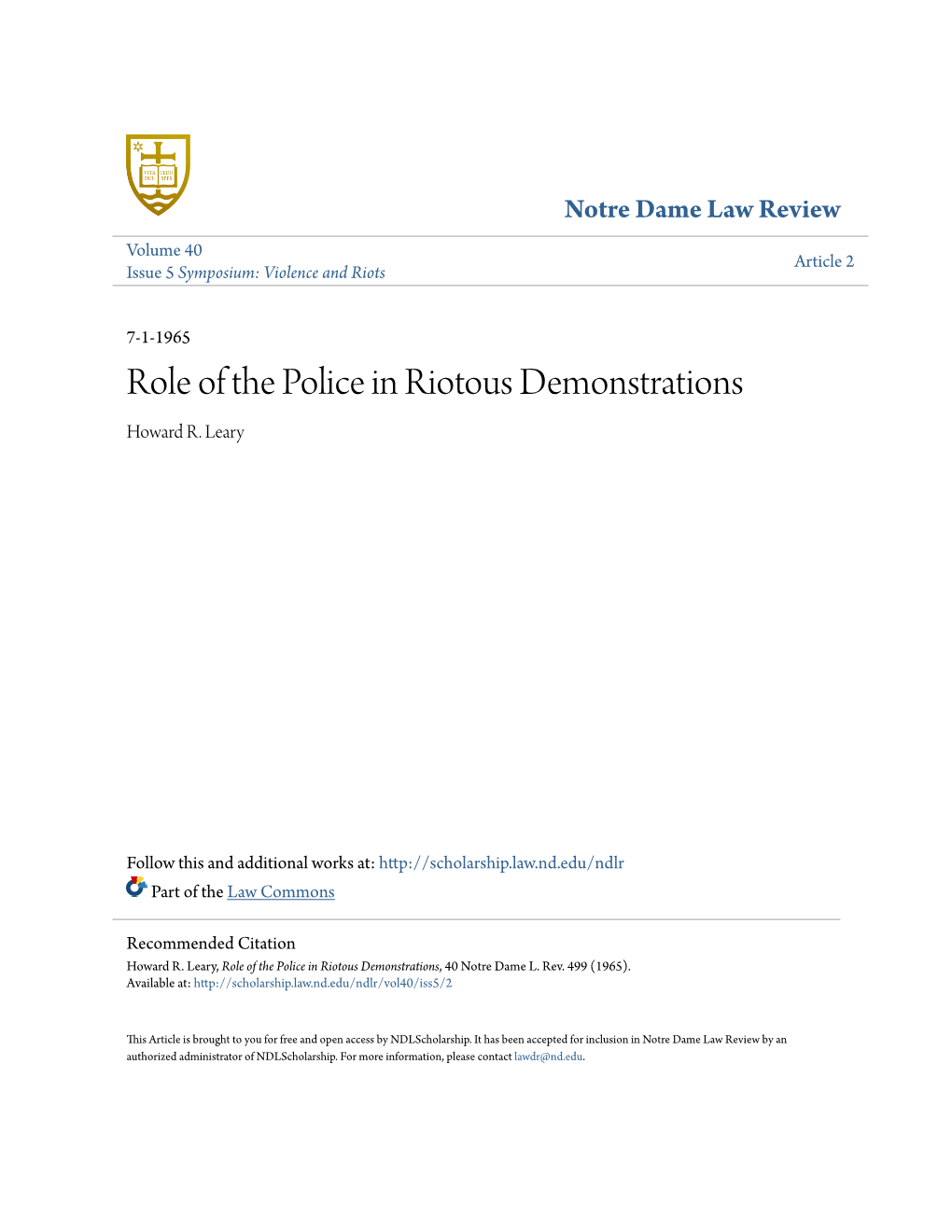 Role of the Police in Riotous Demonstrations Howard R