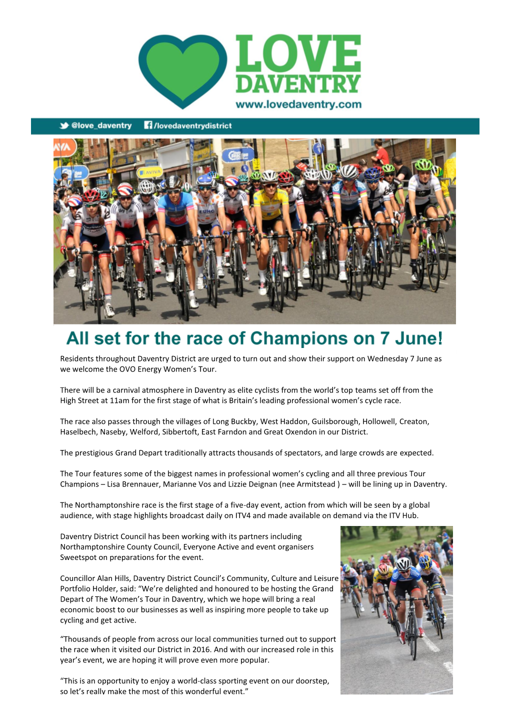 Residents Throughout Daventry District Are Urged to Turn out and Show Their Support on Wednesday 7 June As We Welcome the OVO Energy Women’S Tour