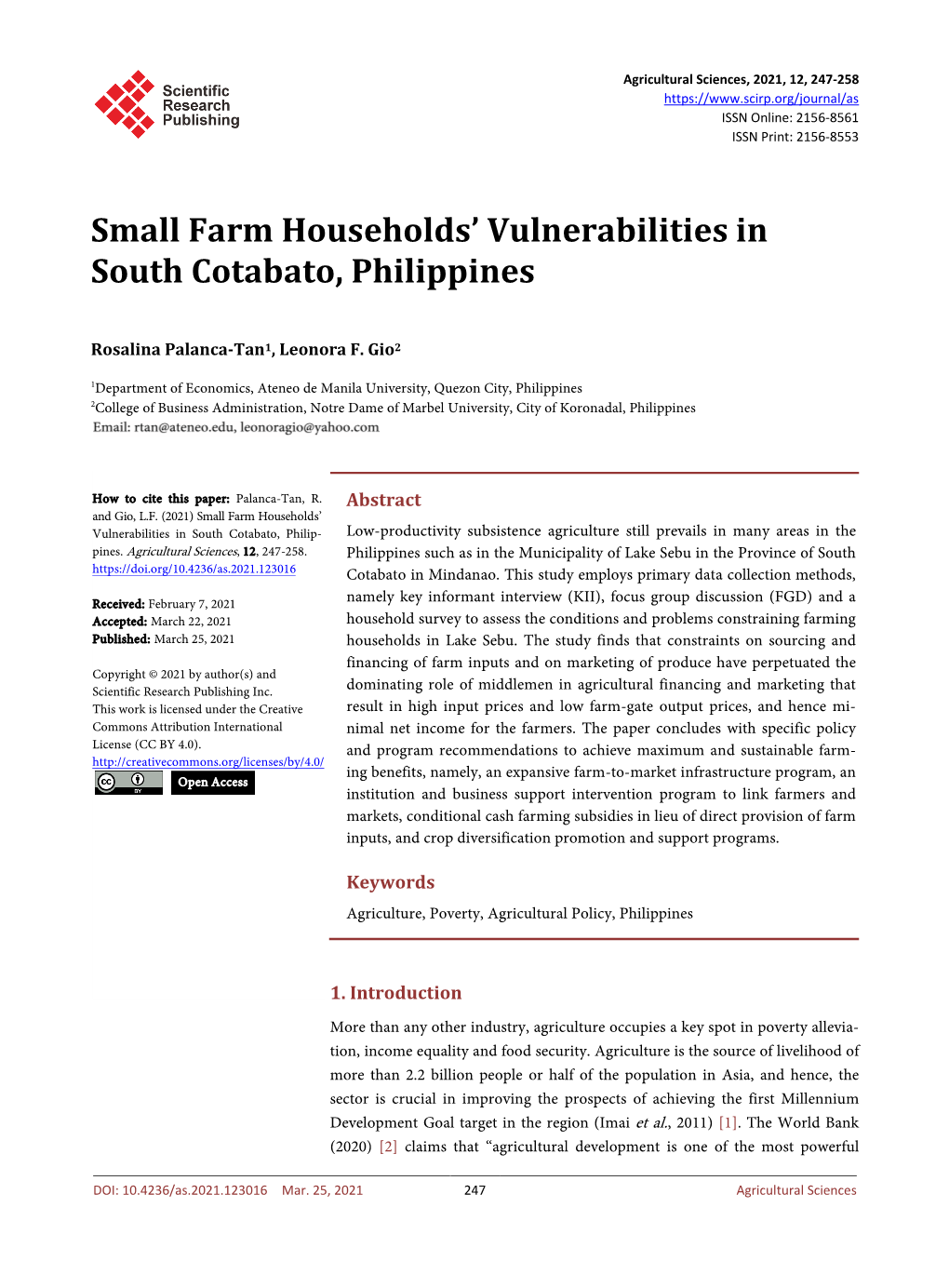 Small Farm Households' Vulnerabilities in South Cotabato, Philippines