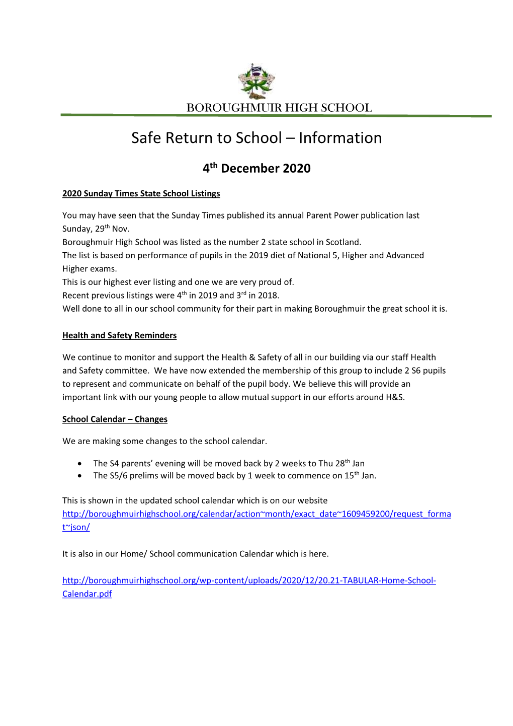 Safe Return to School – Information