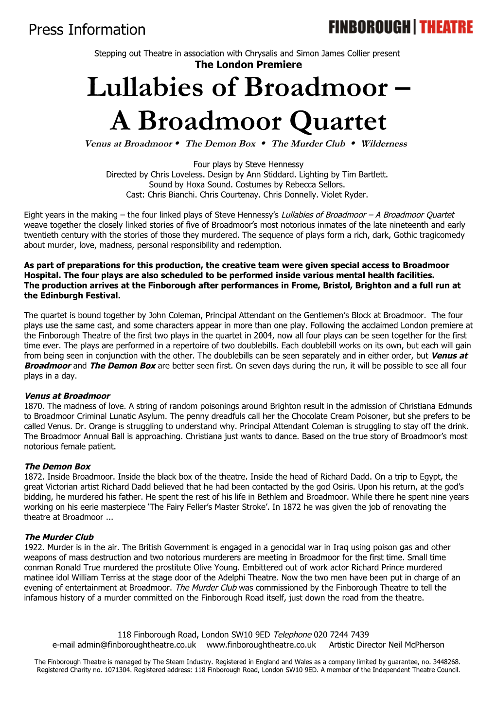 A Broadmoor Quartet Venus at Broadmoor  the Demon Box  the Murder Club  Wilderness