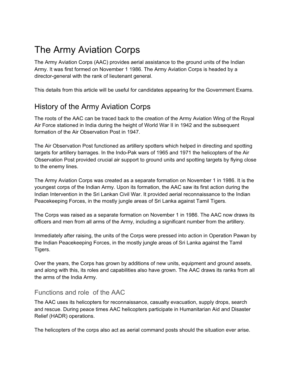 The Army Aviation Corps the Army Aviation Corps (AAC) Provides Aerial Assistance to the Ground Units of the Indian Army