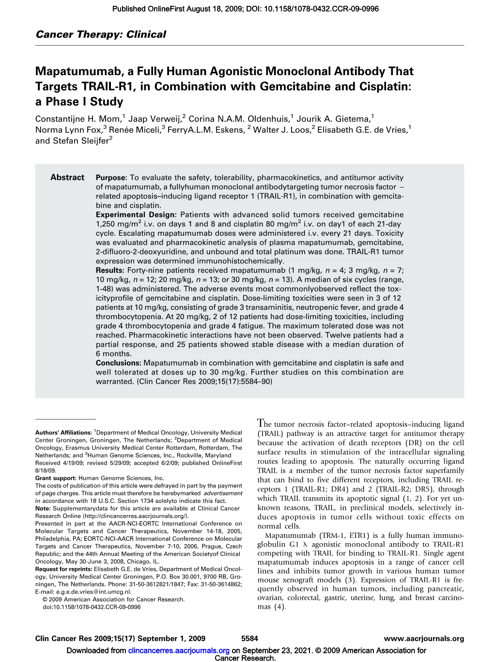 Mapatumumab, a Fully Human Agonistic Monoclonal Antibody That Targets TRAIL-R1, in Combination with Gemcitabine and Cisplatin: a Phase I Study Constantijne H