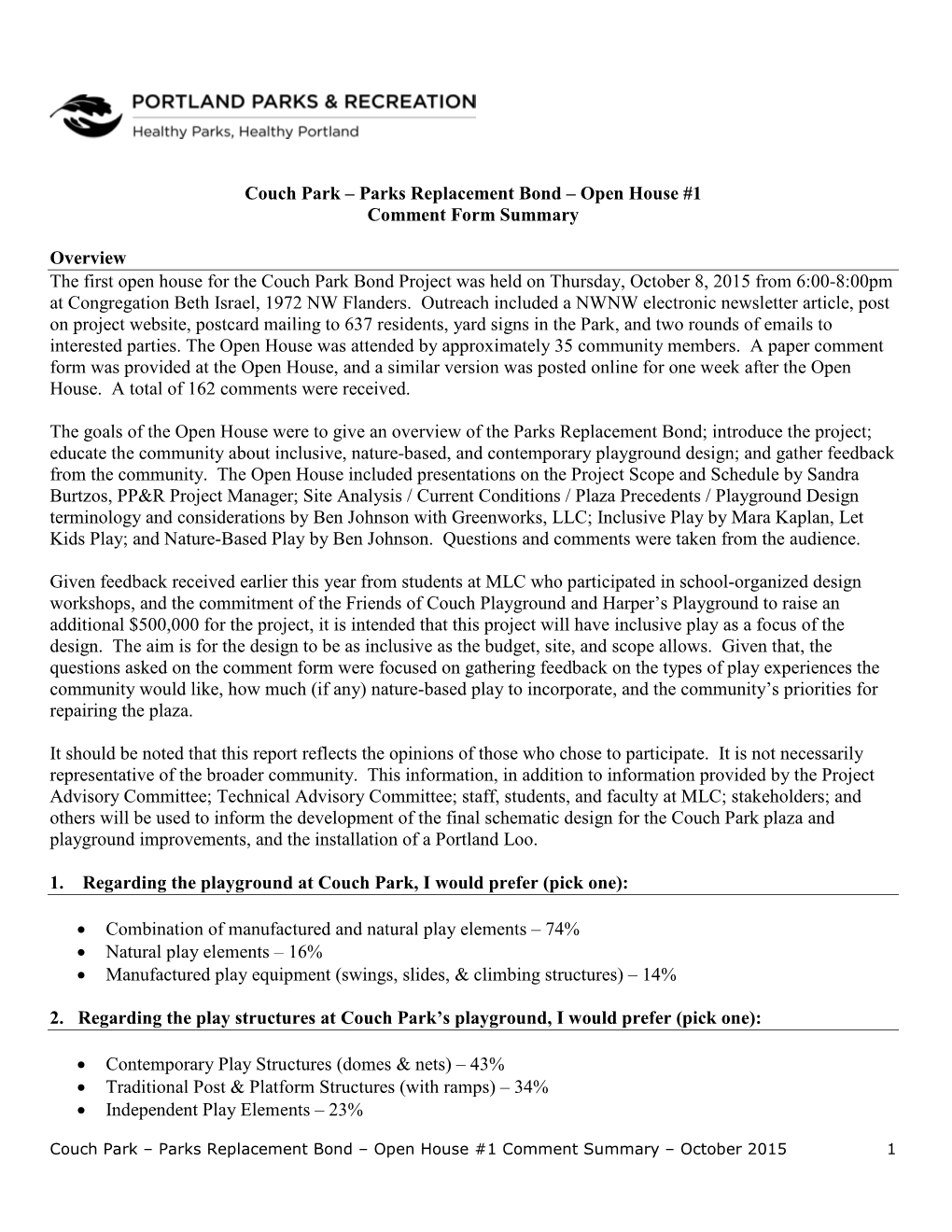 Couch Park – Parks Replacement Bond – Open House #1 Comment Form Summary